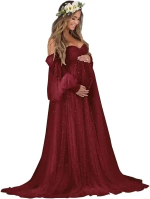 Changuan Pearl Maternity Dress for Photoshoot Tulle Robe Long Puffy Sleeve Off Shoulder Lingerie Babyshower Pregnancy Gown