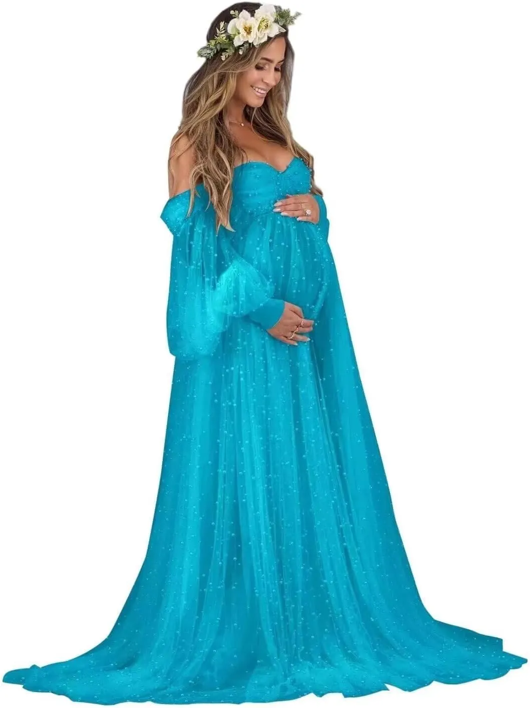 Changuan Pearl Maternity Dress for Photoshoot Tulle Robe Long Puffy Sleeve Off Shoulder Lingerie Babyshower Pregnancy Gown
