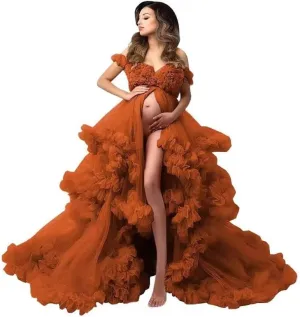 Changuan Tulle Maternity Dress for Photoshoot Puffy Ruffle Pregnancy Robe Bridal Lingerie Bathgown Baby Shower Photography