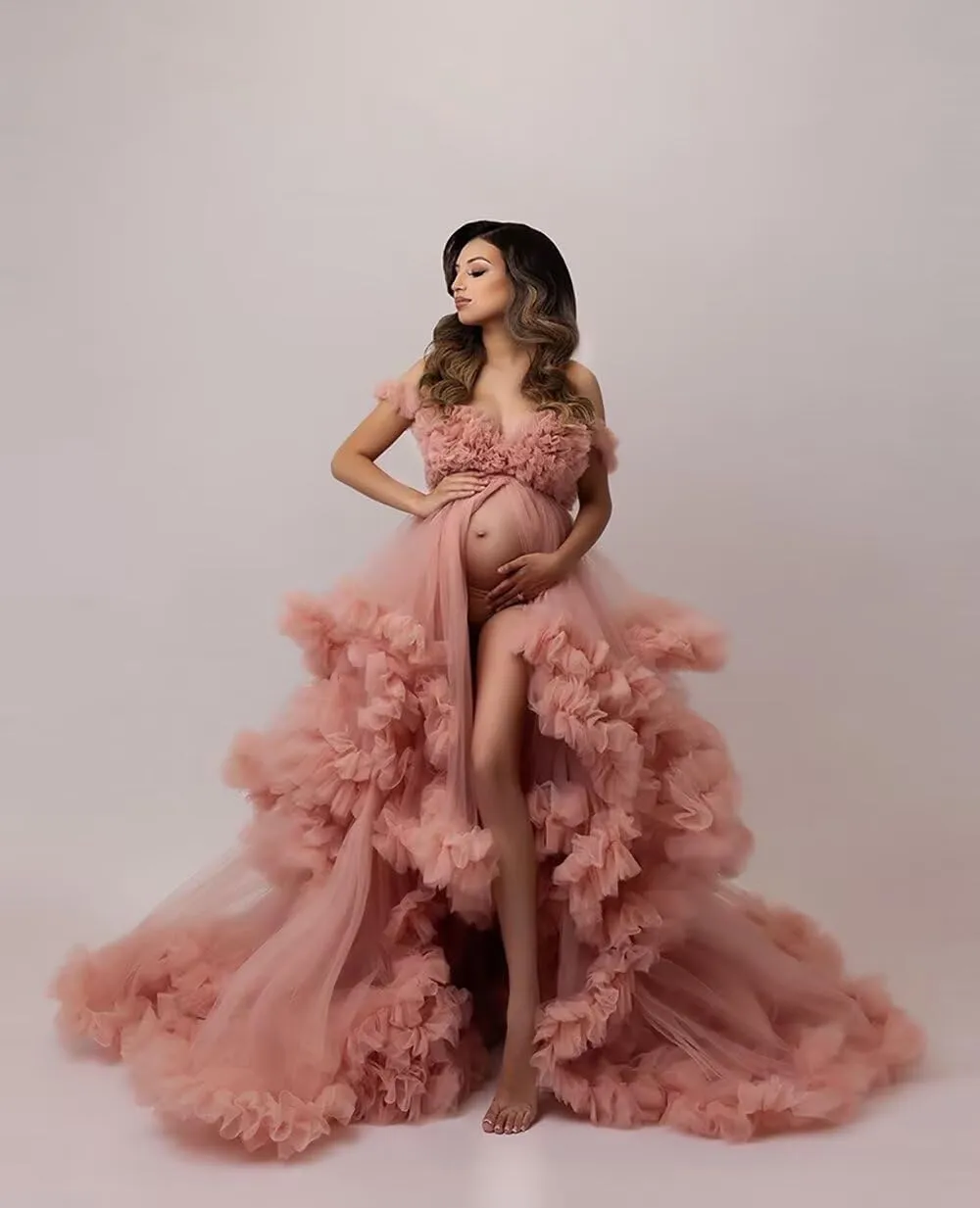 Changuan Tulle Maternity Dress for Photoshoot Puffy Ruffle Pregnancy Robe Bridal Lingerie Bathgown Baby Shower Photography
