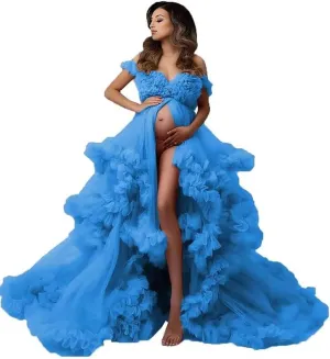 Changuan Tulle Maternity Dress for Photoshoot Puffy Ruffle Pregnancy Robe Bridal Lingerie Bathgown Baby Shower Photography