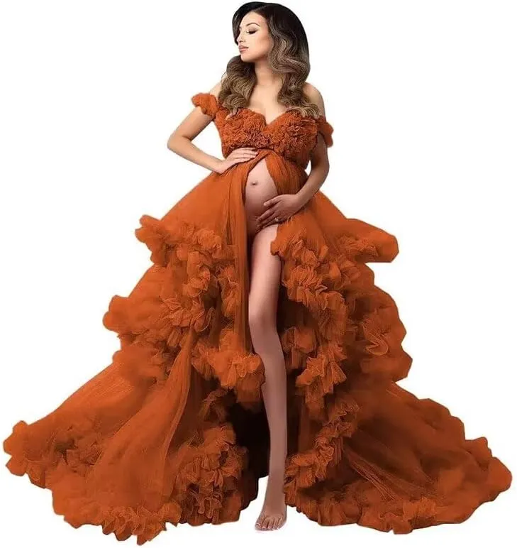 Changuan Tulle Maternity Dress for Photoshoot Puffy Ruffle Pregnancy Robe Bridal Lingerie Bathgown Baby Shower Photography