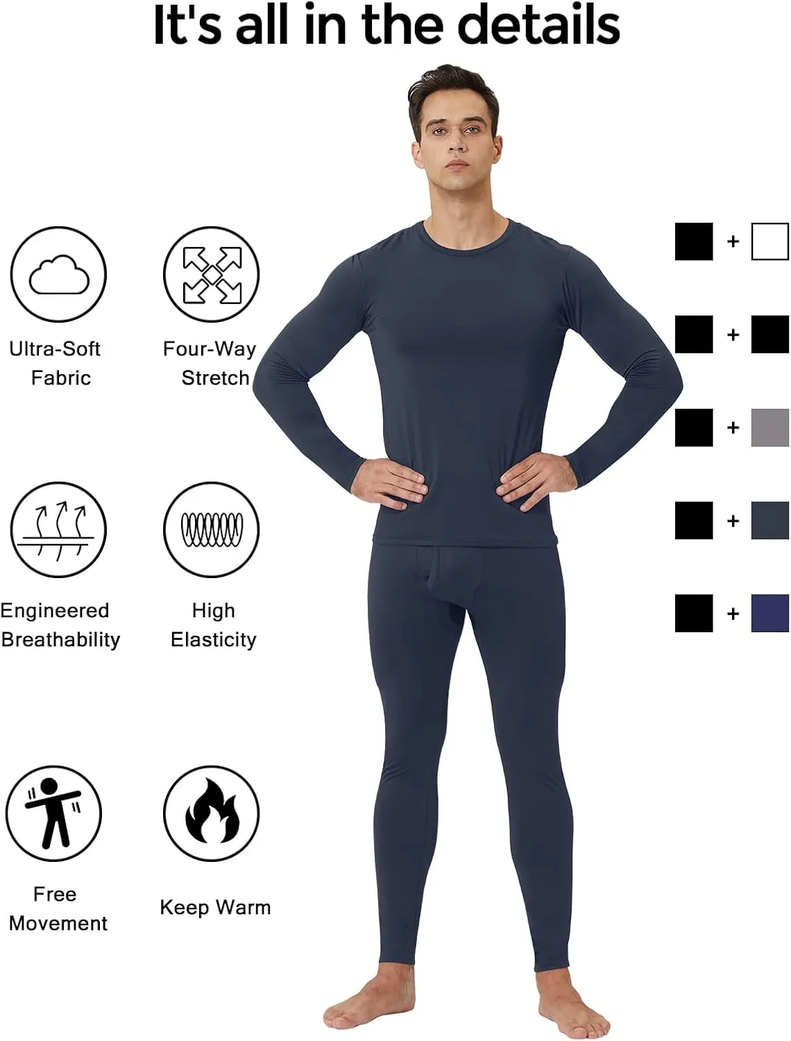 CL convallaria 2 Pack Long Johns Thermal Underwear for Men Soft Fleece Lined Base Layer Cold Weather Set XS-4XL