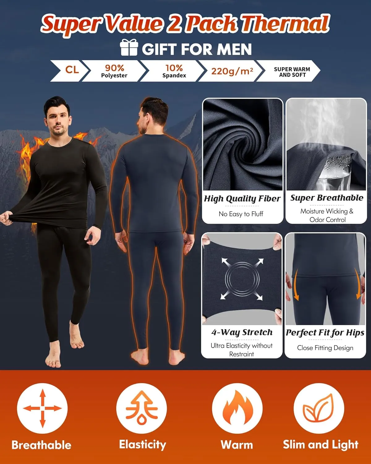 CL convallaria 2 Pack Long Johns Thermal Underwear for Men Soft Fleece Lined Base Layer Cold Weather Set XS-4XL