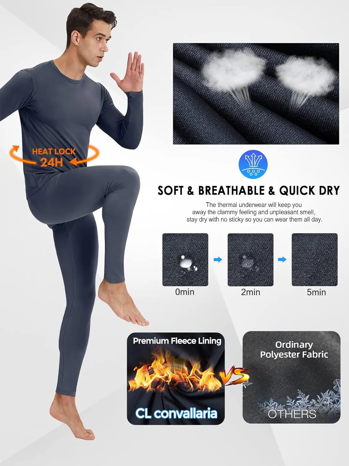 CL convallaria 2 Pack Long Johns Thermal Underwear for Men Soft Fleece Lined Base Layer Cold Weather Set XS-4XL