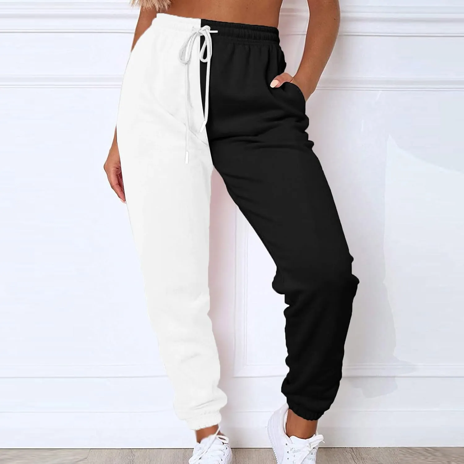 Color Block Jogger Pants for Women Elastic High Waist Sweatpants Baggy Comfy Lounge Pants Joggings with Pockets
