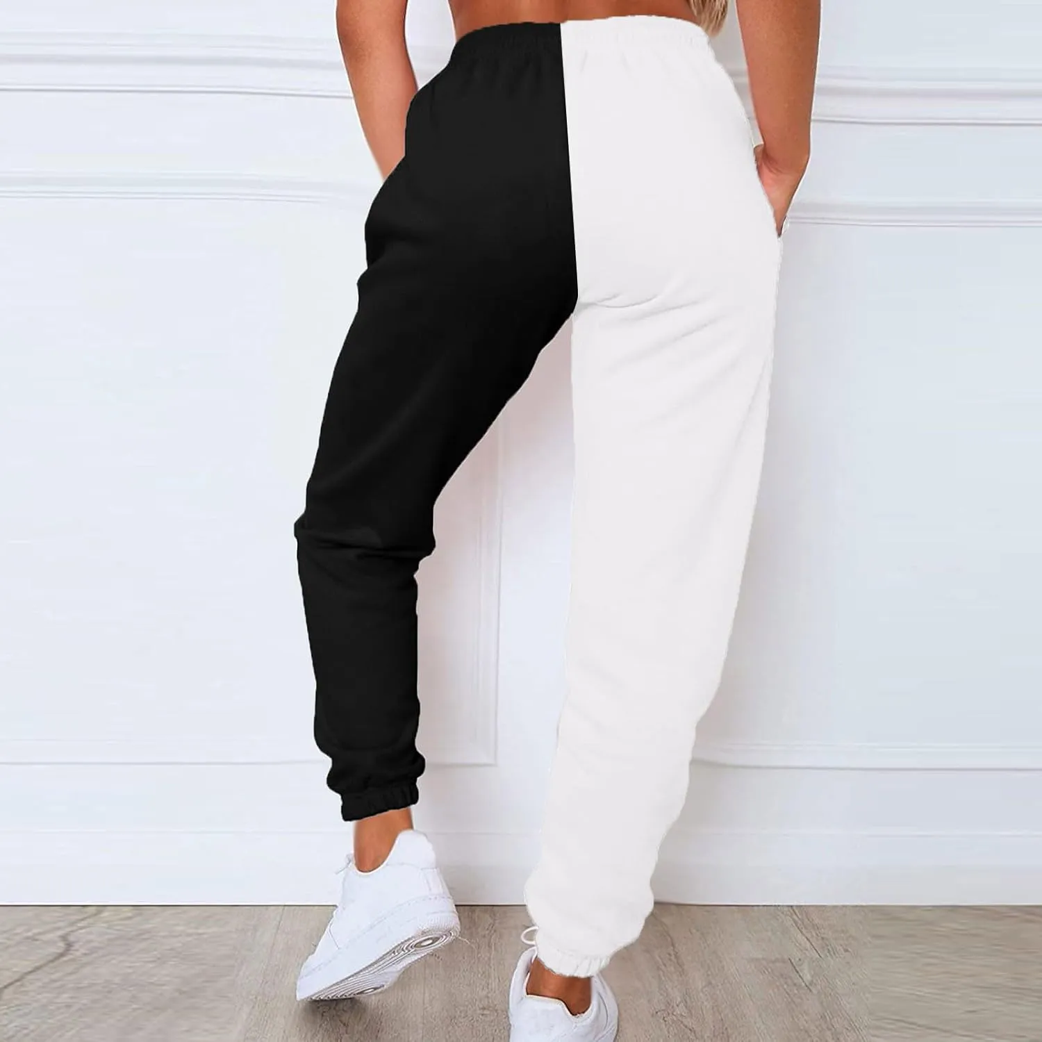 Color Block Jogger Pants for Women Elastic High Waist Sweatpants Baggy Comfy Lounge Pants Joggings with Pockets