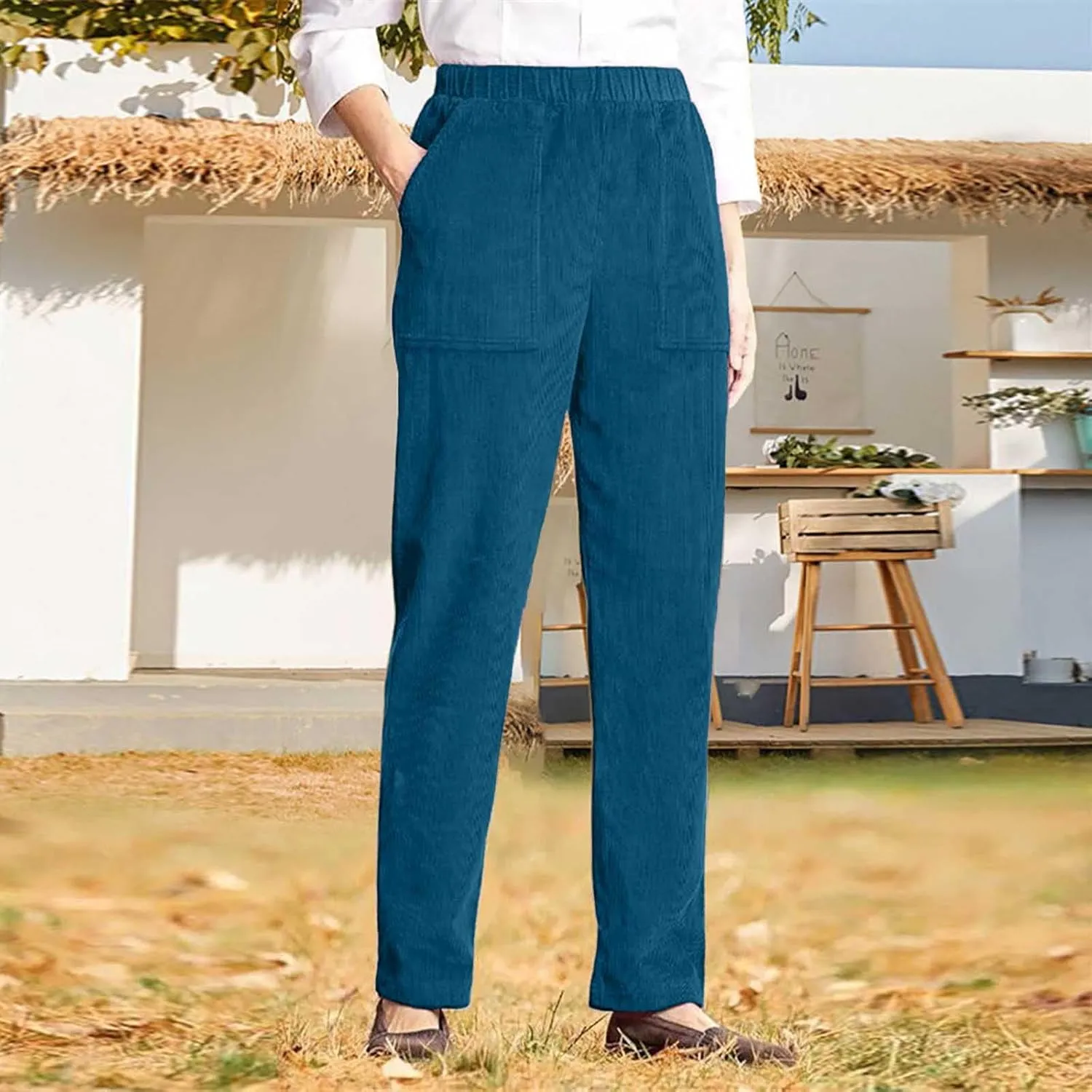 Corduroy Pants for Women Casual Elastic High Waist Straight Leg Pants Trendy Loose Comfy Trousers with Pockets