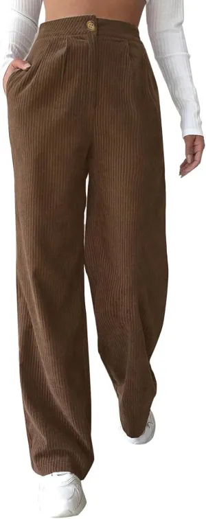 Corduroy Pants for Women High Waisted Vintage Straight Leg Cord Pants Trendy Casual Loose Comfy Work Trousers Pockets