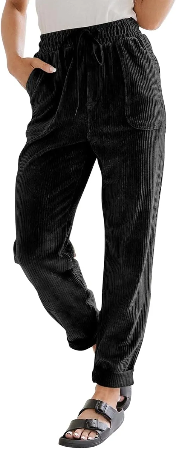Corduroy Pants Women Casual Elastic High Waisted Straight Leg Pants Soft Comfy Drawstring Lounge Trousers