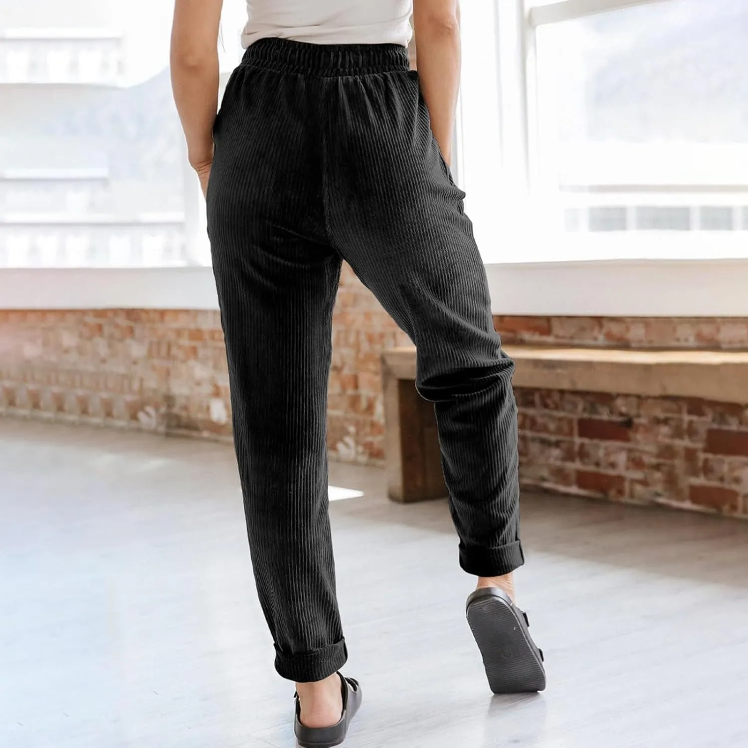 Corduroy Pants Women Casual Elastic High Waisted Straight Leg Pants Soft Comfy Drawstring Lounge Trousers