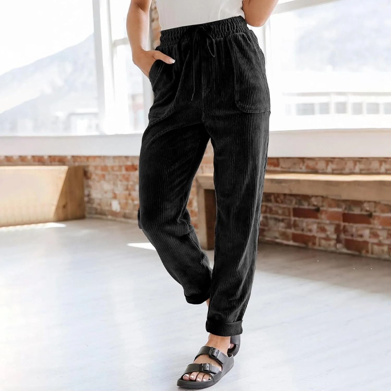 Corduroy Pants Women Casual Elastic High Waisted Straight Leg Pants Soft Comfy Drawstring Lounge Trousers