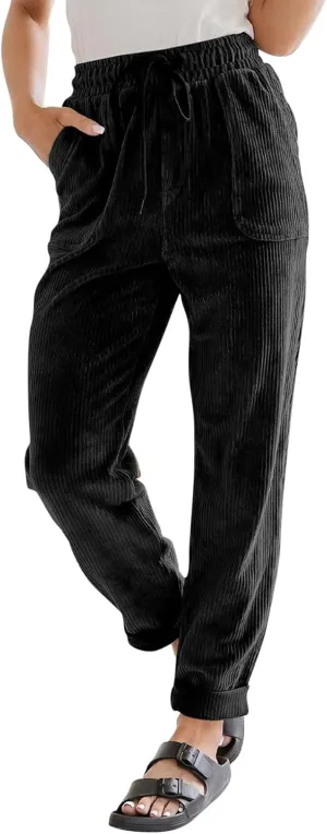 Corduroy Pants Women Casual Elastic High Waisted Straight Leg Pants Soft Comfy Drawstring Lounge Trousers