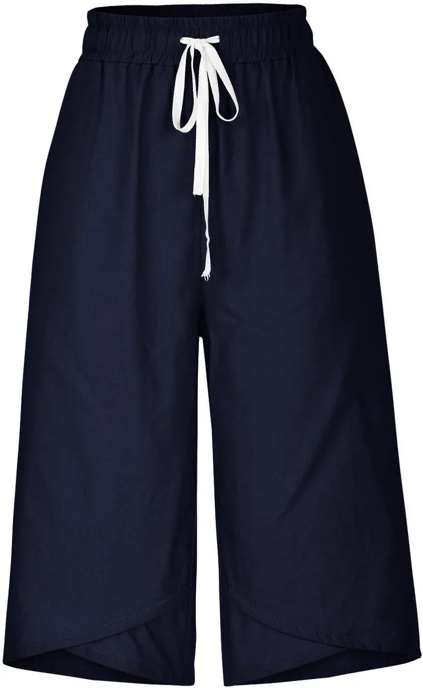 Cotton Linen Capri Pants for Women Casual Summer Wide Leg Pants Drawstring Stretch Yoga Capris Lounge Cropped Pants