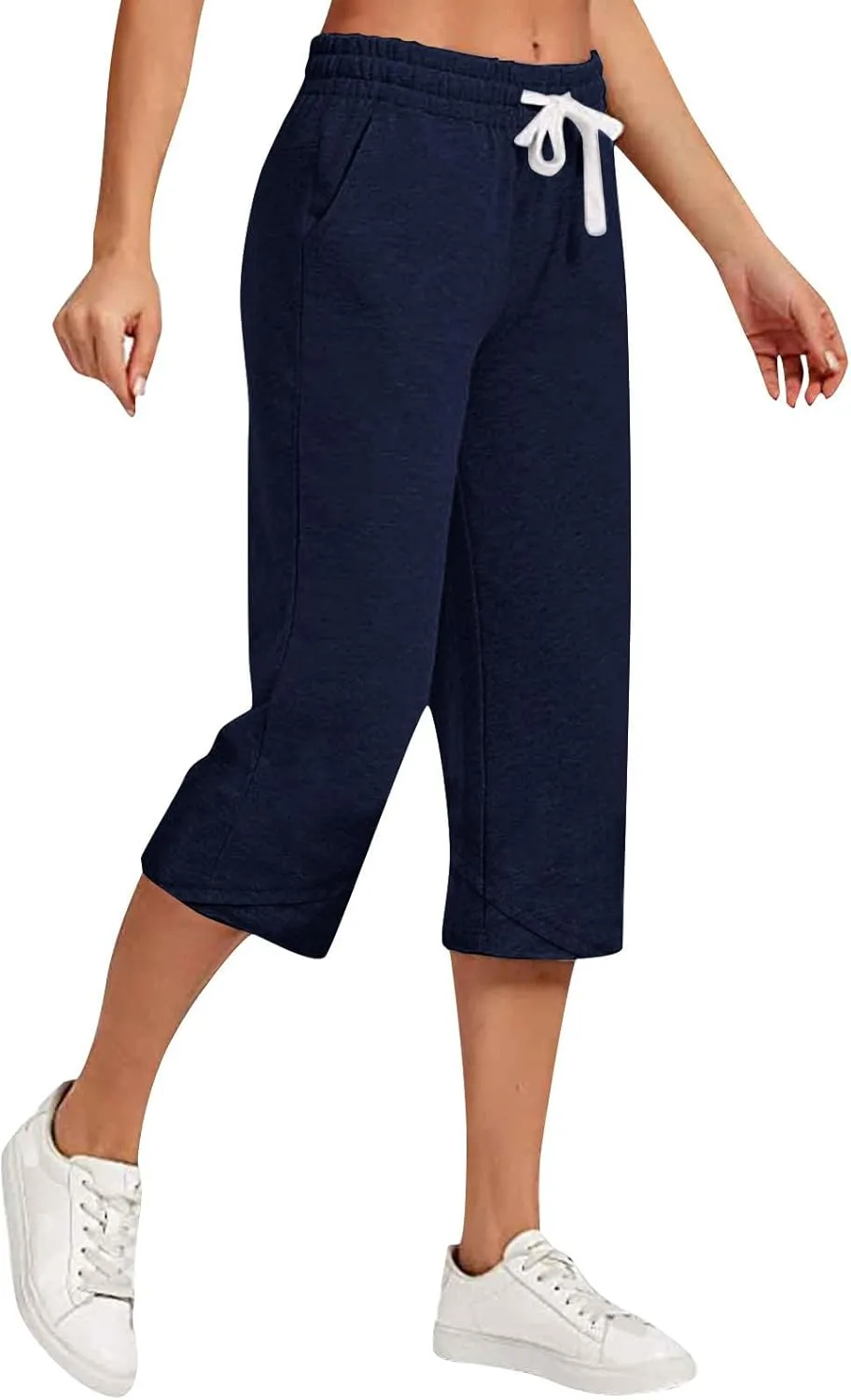 Cotton Linen Capri Pants for Women Casual Summer Wide Leg Pants Drawstring Stretch Yoga Capris Lounge Cropped Pants