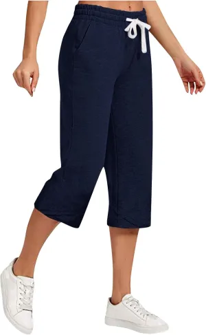 Cotton Linen Capri Pants for Women Casual Summer Wide Leg Pants Drawstring Stretch Yoga Capris Lounge Cropped Pants