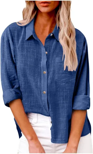 Cotton Linen Shirts for Women 2025 Spring Summer Tops Button Down Blouses with Chest Pocket Solid Shirts Plus Size