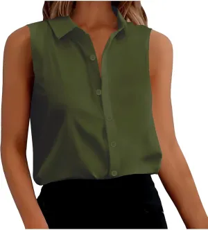 Cotton Linen Shirts for Womens Sleeveless Collared Tops Oversized Button Up Blouses Work Shirts Casual Summer Tshirts