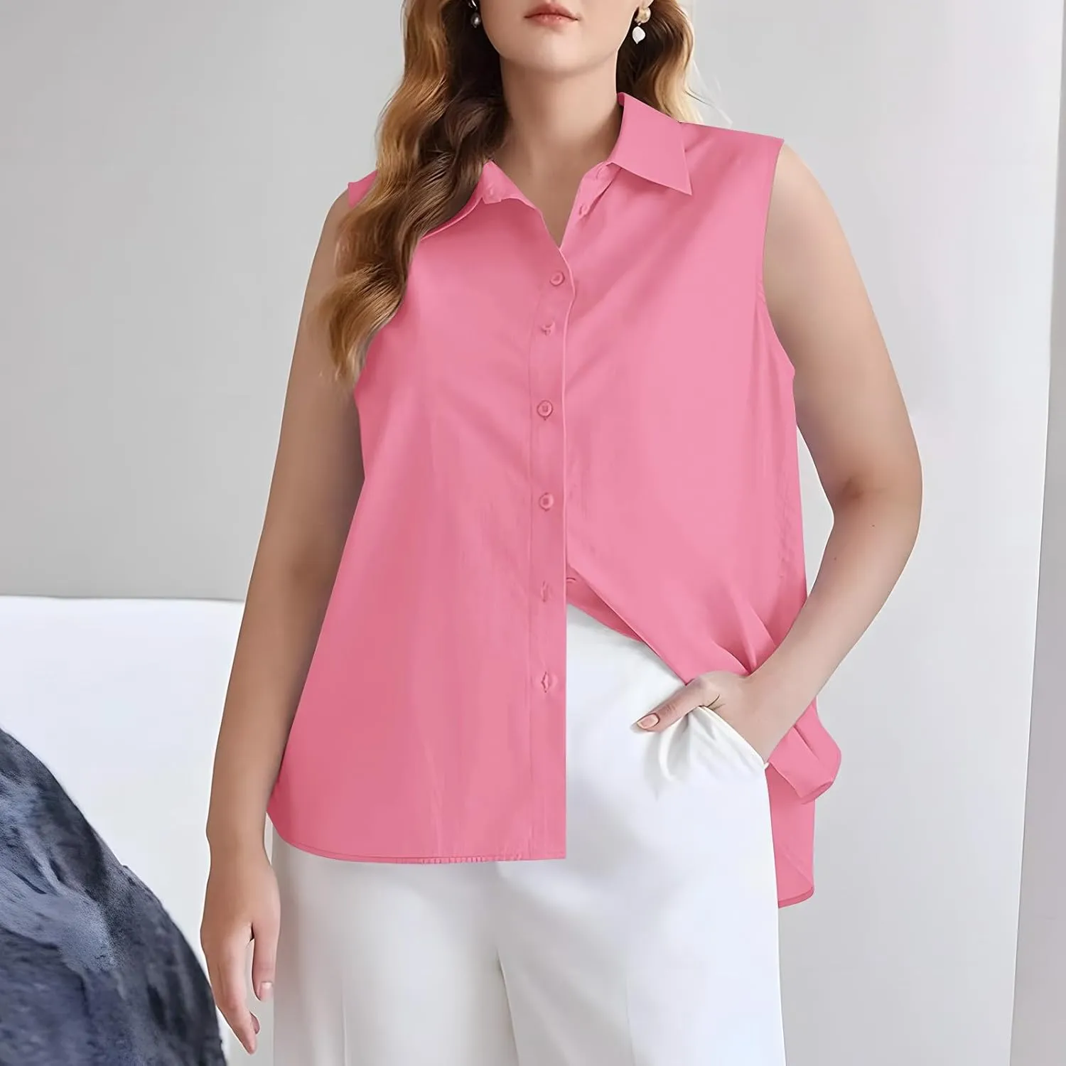 Cotton Linen Shirts for Womens Sleeveless Collared Tops Oversized Button Up Blouses Work Shirts Casual Summer Tshirts