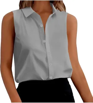Cotton Linen Shirts for Womens Sleeveless Collared Tops Oversized Button Up Blouses Work Shirts Casual Summer Tshirts