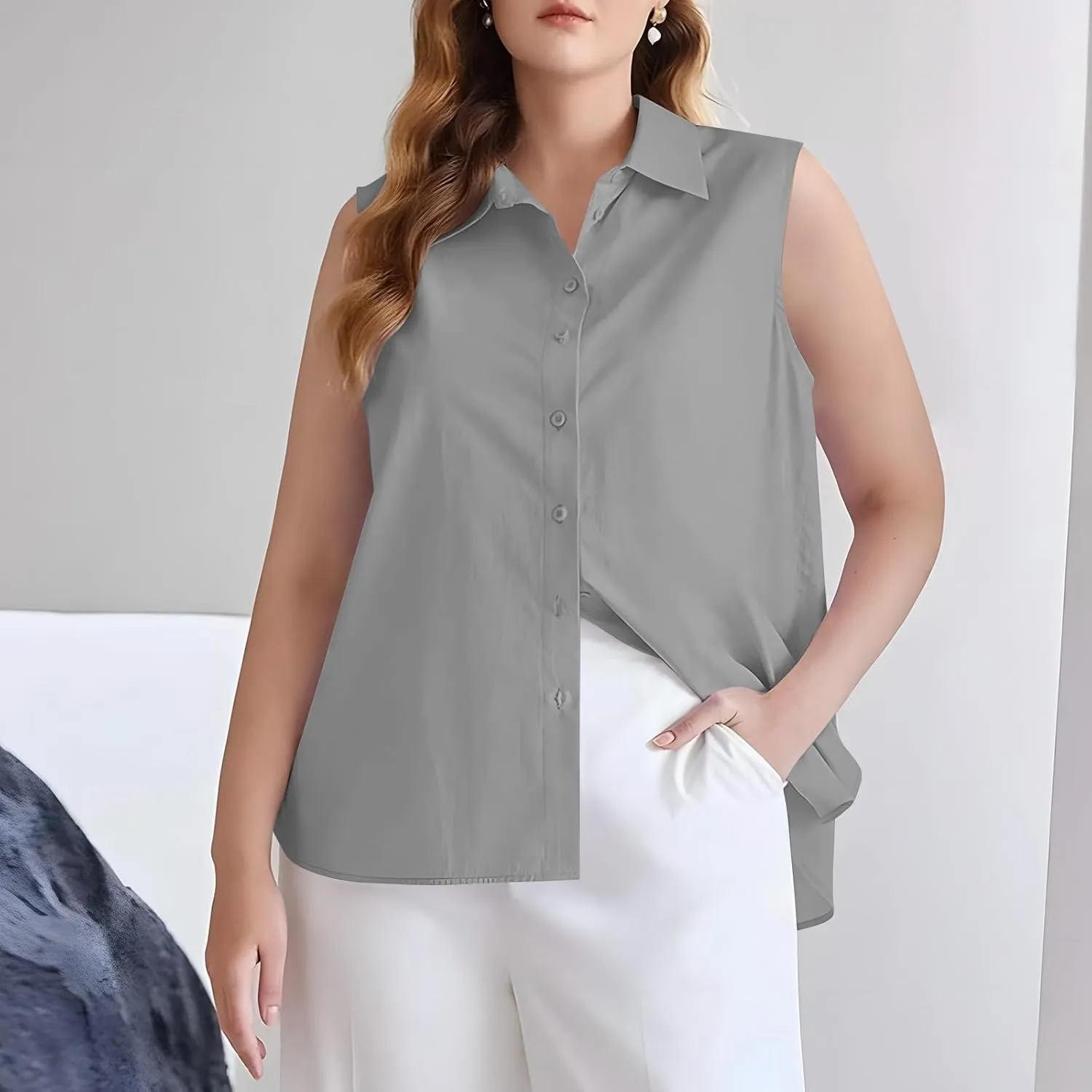 Cotton Linen Shirts for Womens Sleeveless Collared Tops Oversized Button Up Blouses Work Shirts Casual Summer Tshirts