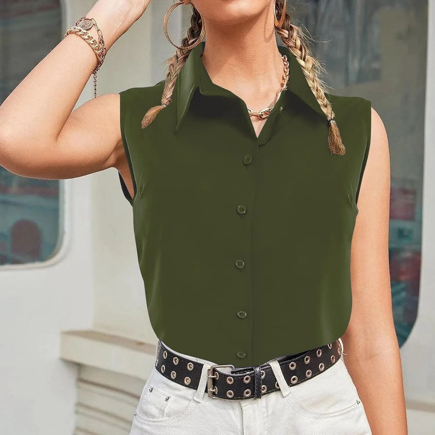 Cotton Linen Shirts for Womens Sleeveless Collared Tops Oversized Button Up Blouses Work Shirts Casual Summer Tshirts