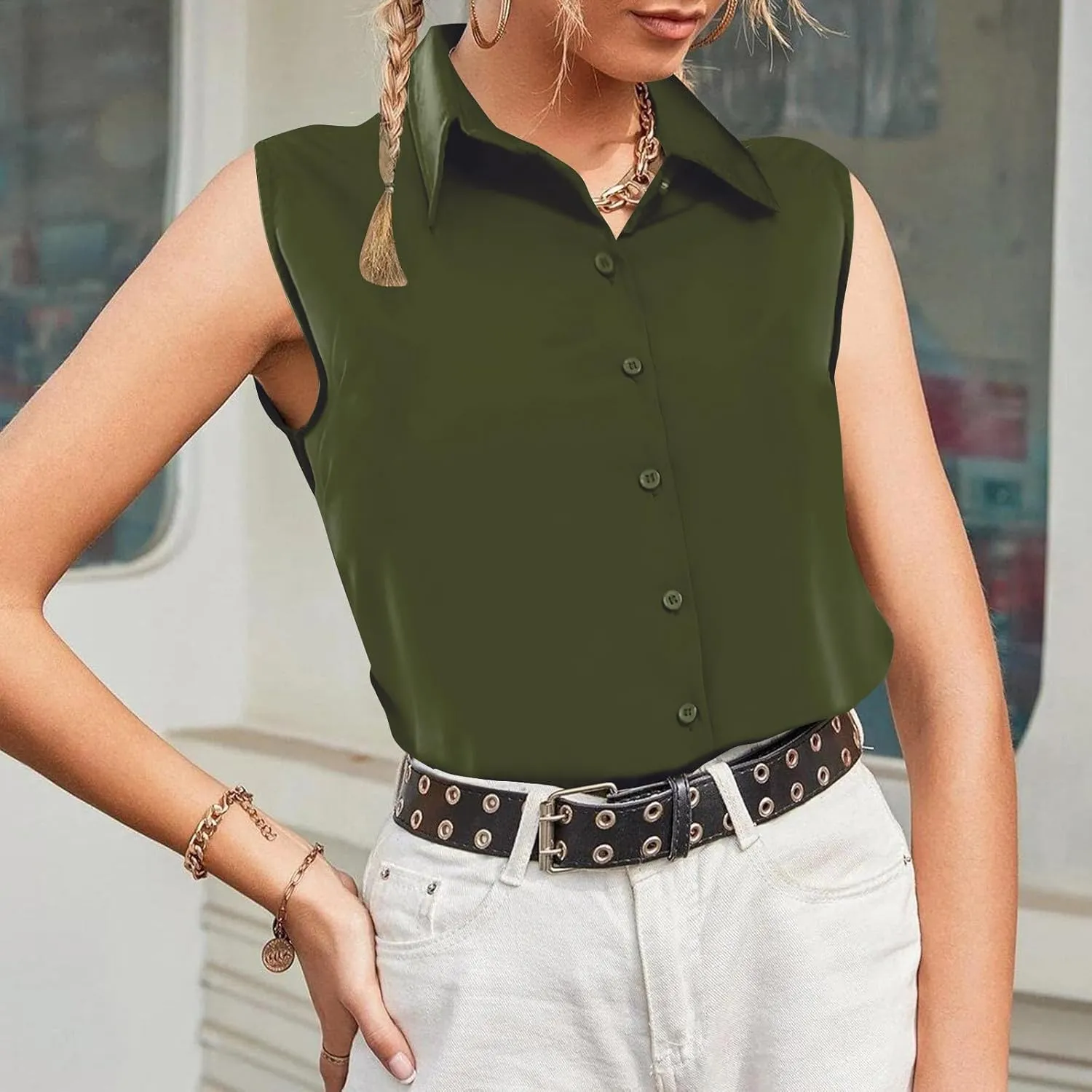 Cotton Linen Shirts for Womens Sleeveless Collared Tops Oversized Button Up Blouses Work Shirts Casual Summer Tshirts