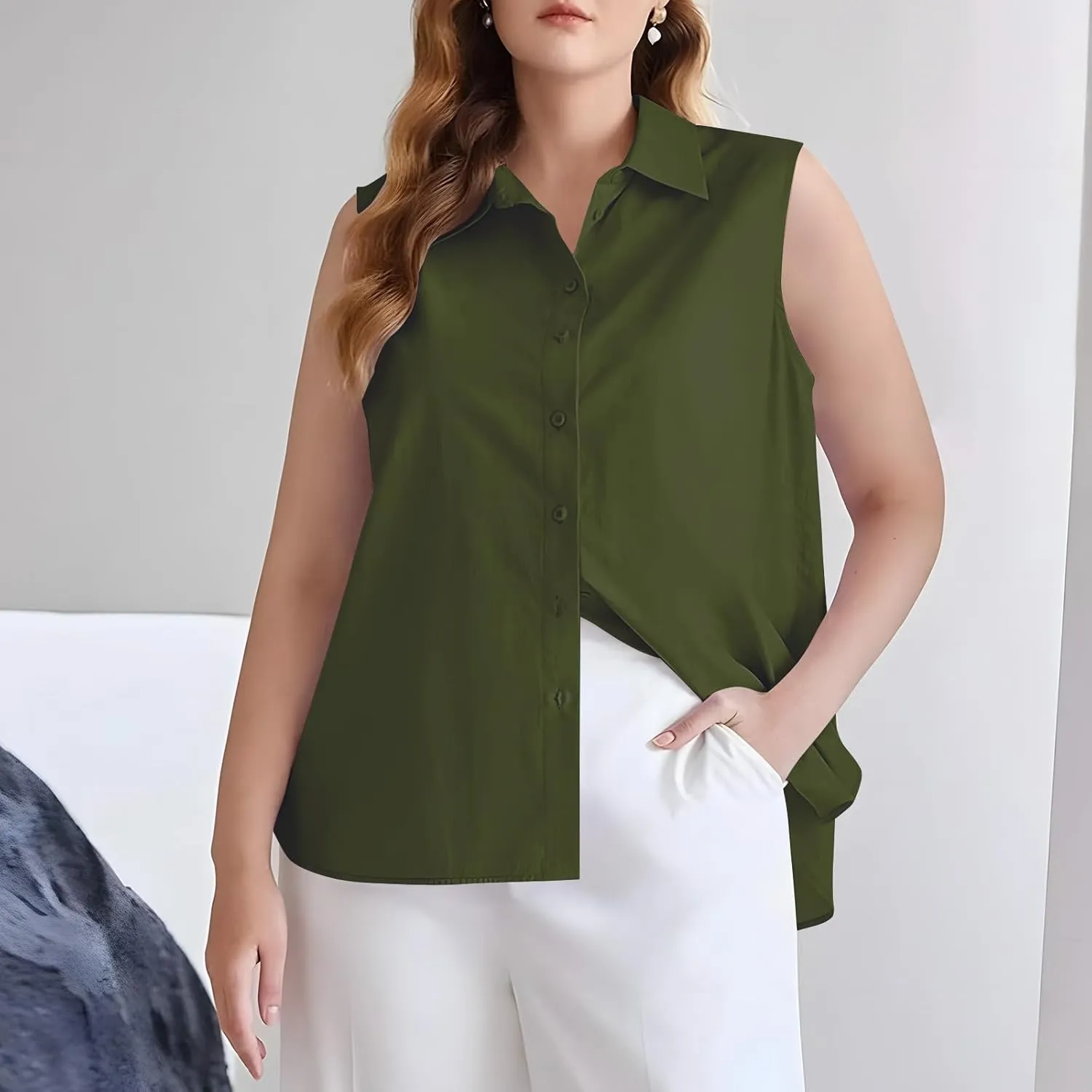 Cotton Linen Shirts for Womens Sleeveless Collared Tops Oversized Button Up Blouses Work Shirts Casual Summer Tshirts