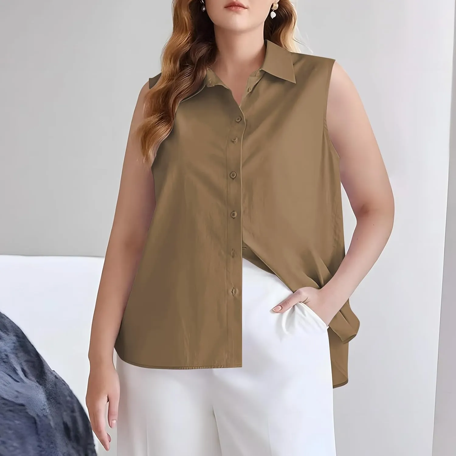 Cotton Linen Shirts for Womens Sleeveless Collared Tops Oversized Button Up Blouses Work Shirts Casual Summer Tshirts