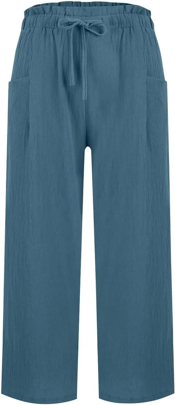 Cropped Wide Leg Linen Pants for Women Flowy Elastic Waist Palazzo Pants Ladies High Waisted Trousers with Pockets