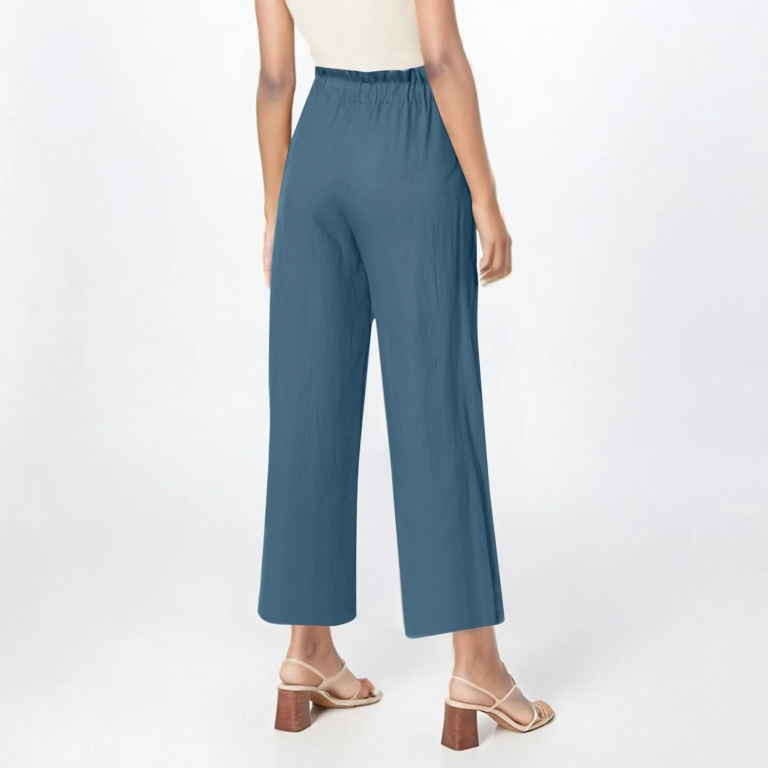 Cropped Wide Leg Linen Pants for Women Flowy Elastic Waist Palazzo Pants Ladies High Waisted Trousers with Pockets