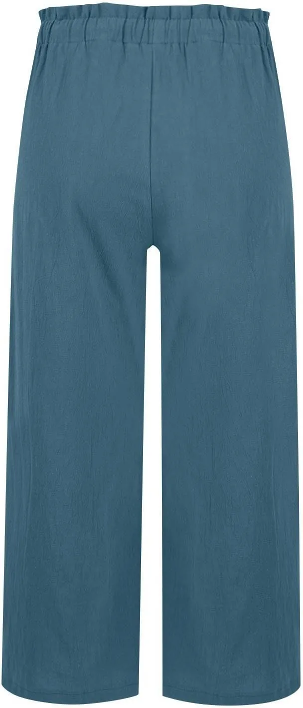 Cropped Wide Leg Linen Pants for Women Flowy Elastic Waist Palazzo Pants Ladies High Waisted Trousers with Pockets