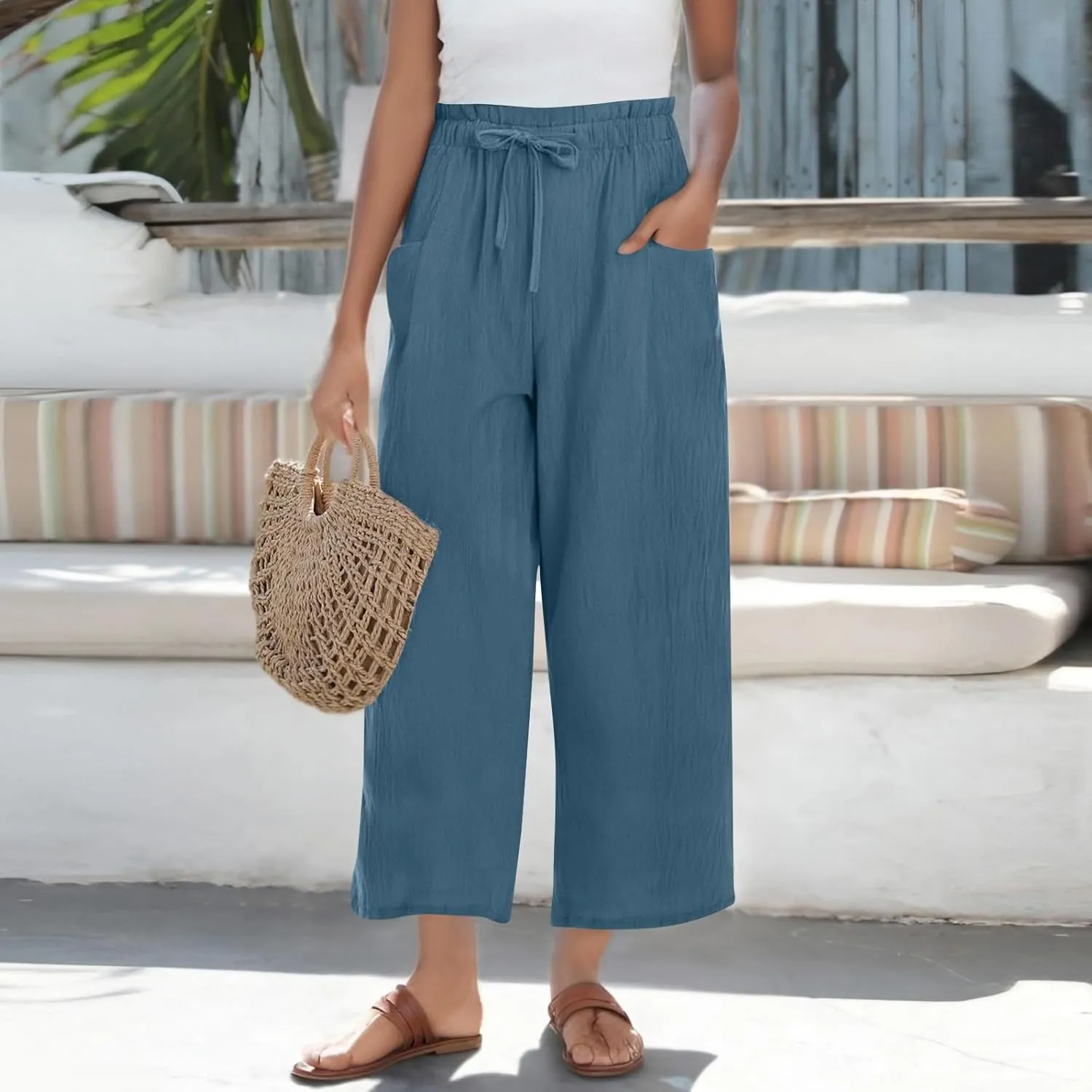 Cropped Wide Leg Linen Pants for Women Flowy Elastic Waist Palazzo Pants Ladies High Waisted Trousers with Pockets
