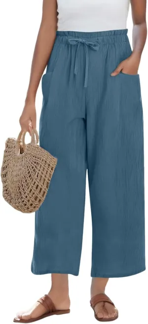 Cropped Wide Leg Linen Pants for Women Flowy Elastic Waist Palazzo Pants Ladies High Waisted Trousers with Pockets