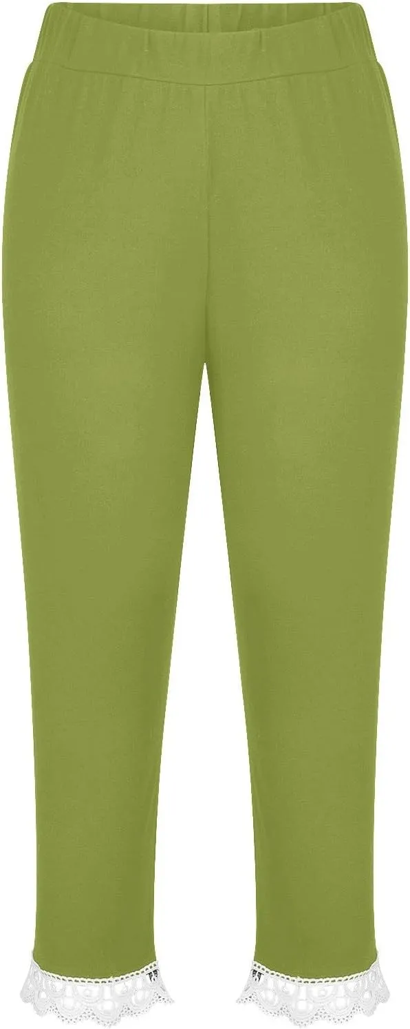 Cutout Capri Leggings for Girls Yoga Cropped Pants Kids Stretch Knee Length Lounge Pants Lace Trim Short Bottoms