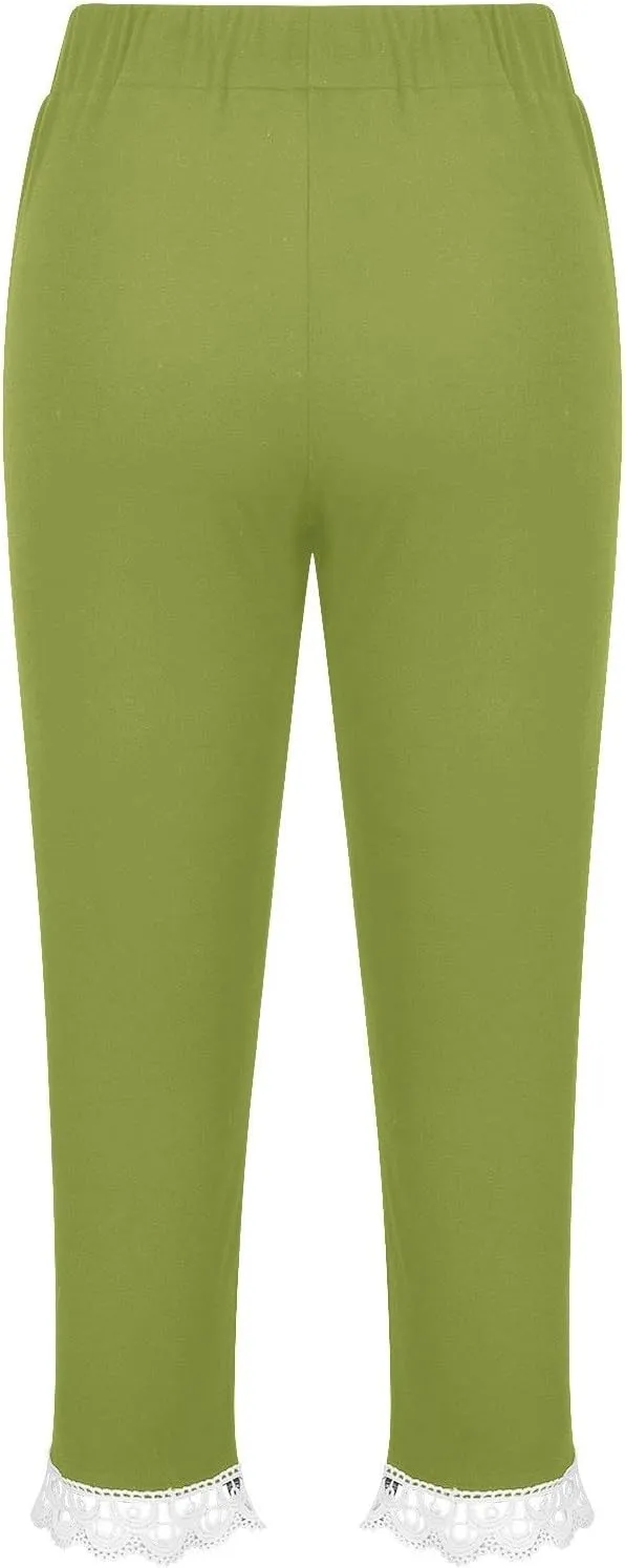 Cutout Capri Leggings for Girls Yoga Cropped Pants Kids Stretch Knee Length Lounge Pants Lace Trim Short Bottoms