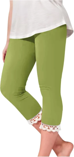 Cutout Capri Leggings for Girls Yoga Cropped Pants Kids Stretch Knee Length Lounge Pants Lace Trim Short Bottoms