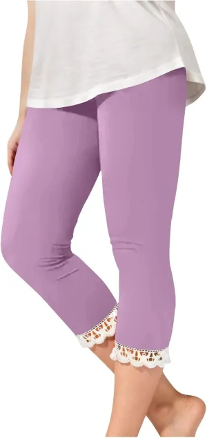 Cutout Capri Leggings for Girls Yoga Cropped Pants Kids Stretch Knee Length Lounge Pants Lace Trim Short Bottoms
