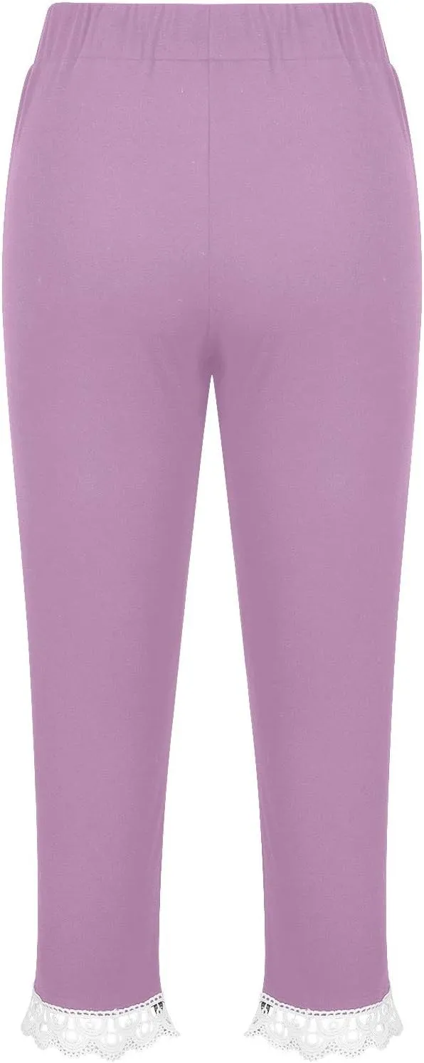 Cutout Capri Leggings for Girls Yoga Cropped Pants Kids Stretch Knee Length Lounge Pants Lace Trim Short Bottoms