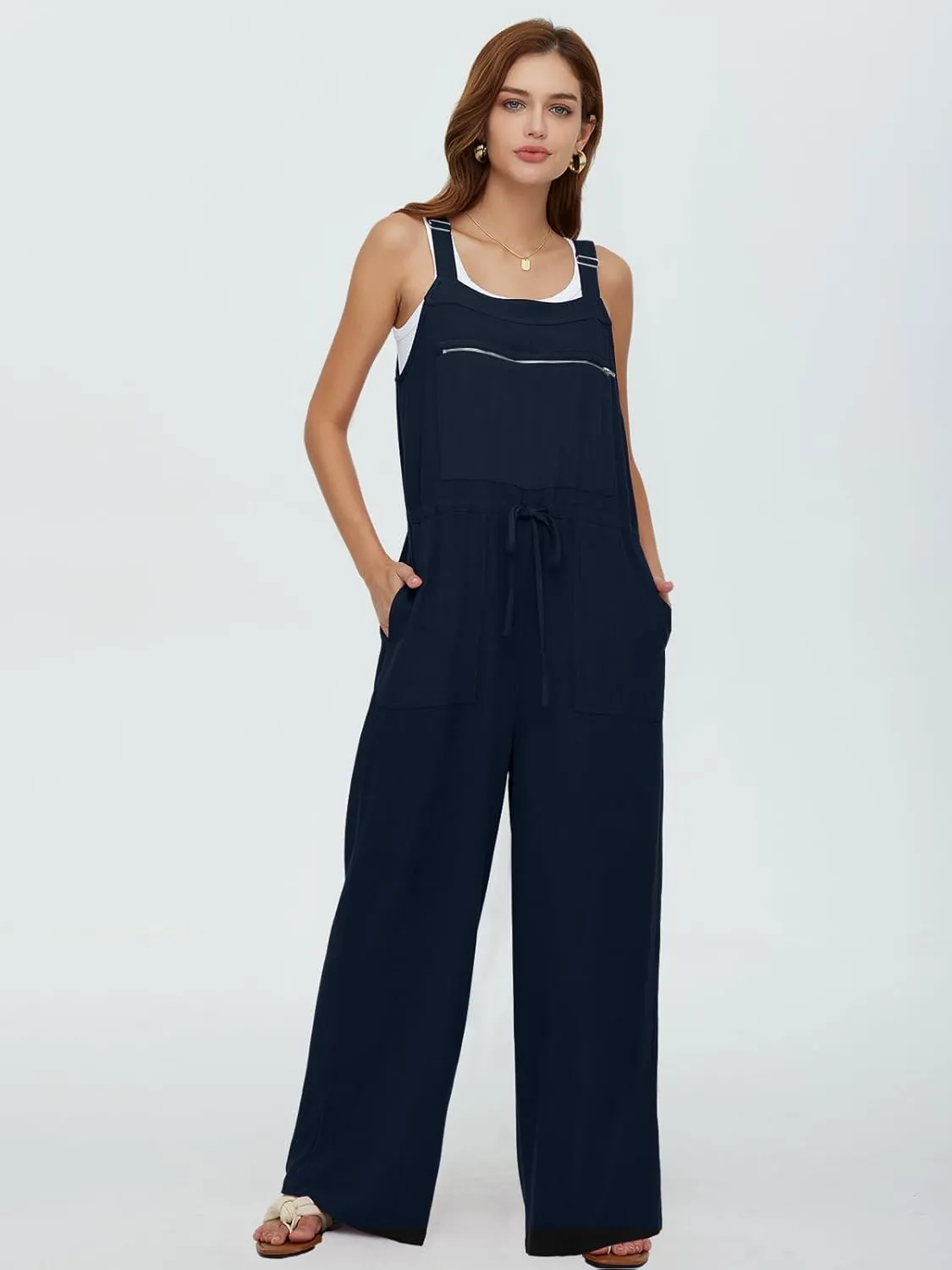 DEEP SELF Women's Overalls Summer Causal Loose Sleeveless Jumpsuit Adjustable Straps Wide Leg Bib Pants with Zipper Pockets