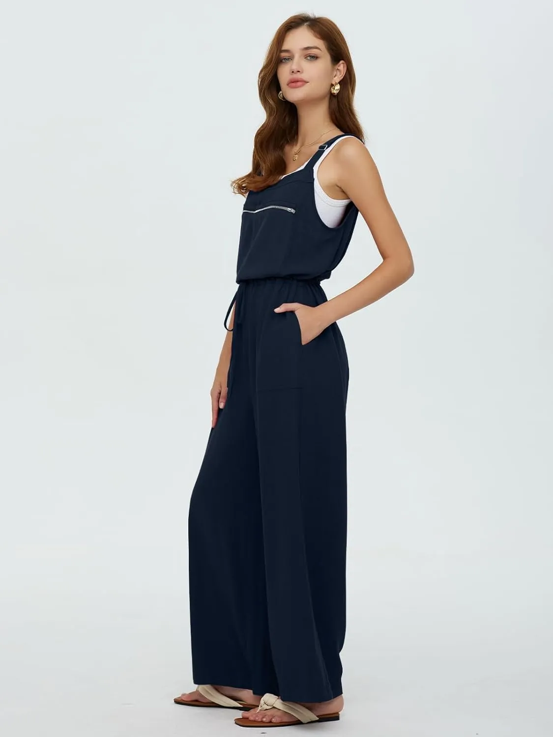 DEEP SELF Women's Overalls Summer Causal Loose Sleeveless Jumpsuit Adjustable Straps Wide Leg Bib Pants with Zipper Pockets