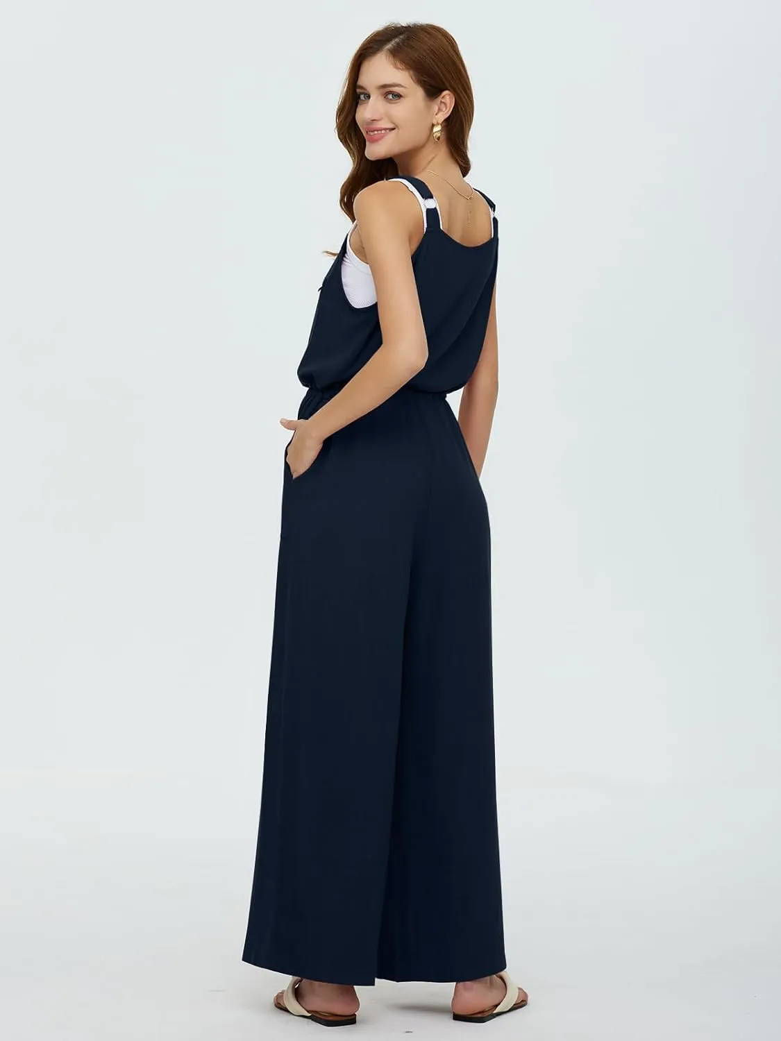 DEEP SELF Women's Overalls Summer Causal Loose Sleeveless Jumpsuit Adjustable Straps Wide Leg Bib Pants with Zipper Pockets