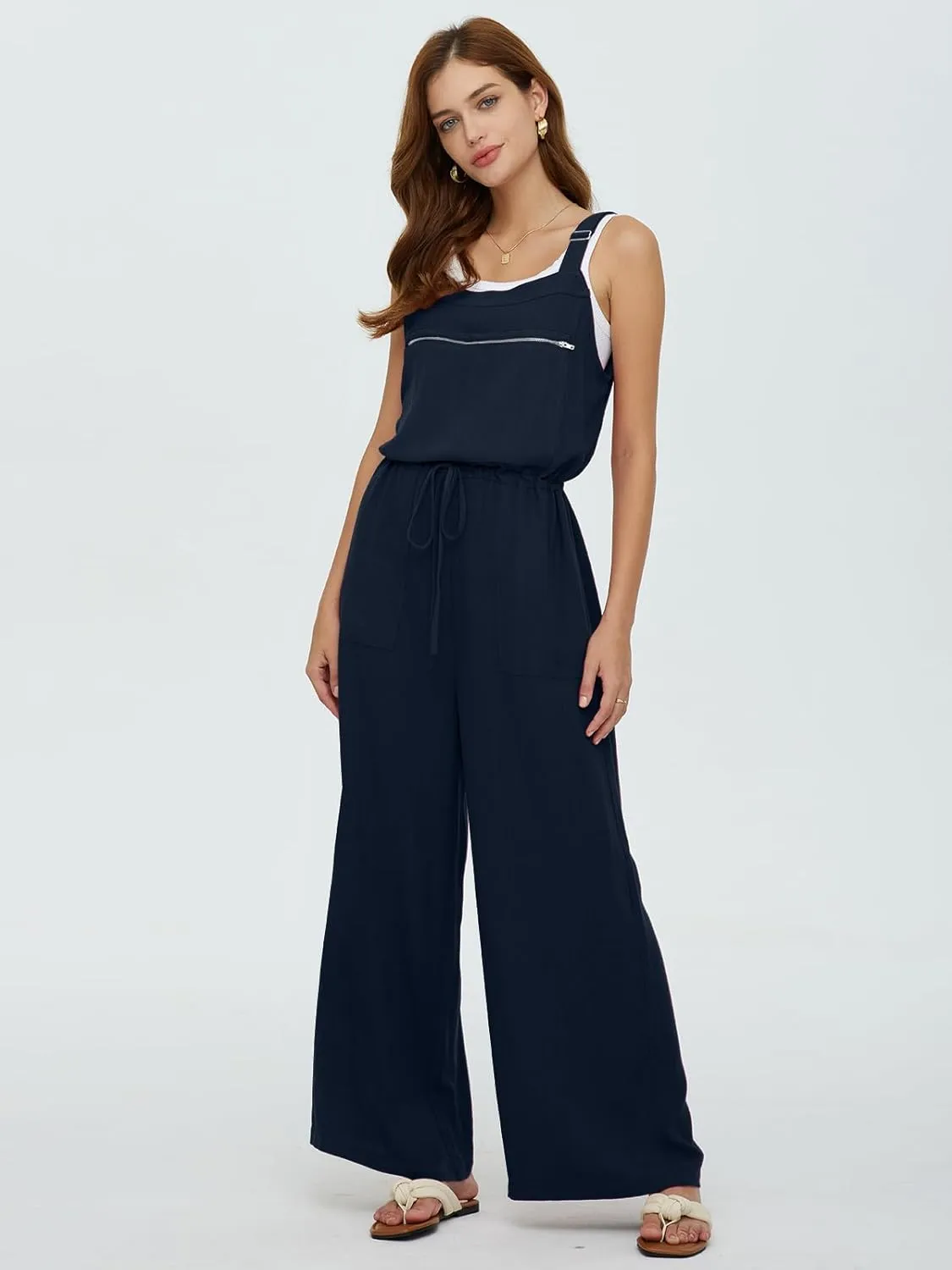DEEP SELF Women's Overalls Summer Causal Loose Sleeveless Jumpsuit Adjustable Straps Wide Leg Bib Pants with Zipper Pockets