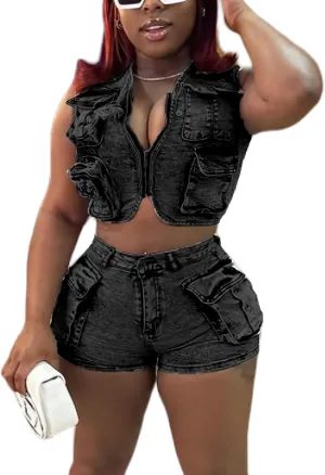 Denim Outfits for Women's 2 Piece Sets Summer Party & Club Cargo Vest Top and Stretchy Jean Shorts Sets 2025