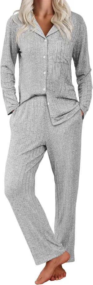 Ekouaer Womens Ribbed Knit Pajama Sets 2 Piece Lounge Set Long Sleeve Button Down Pjs Sleepwear Set with Pockets