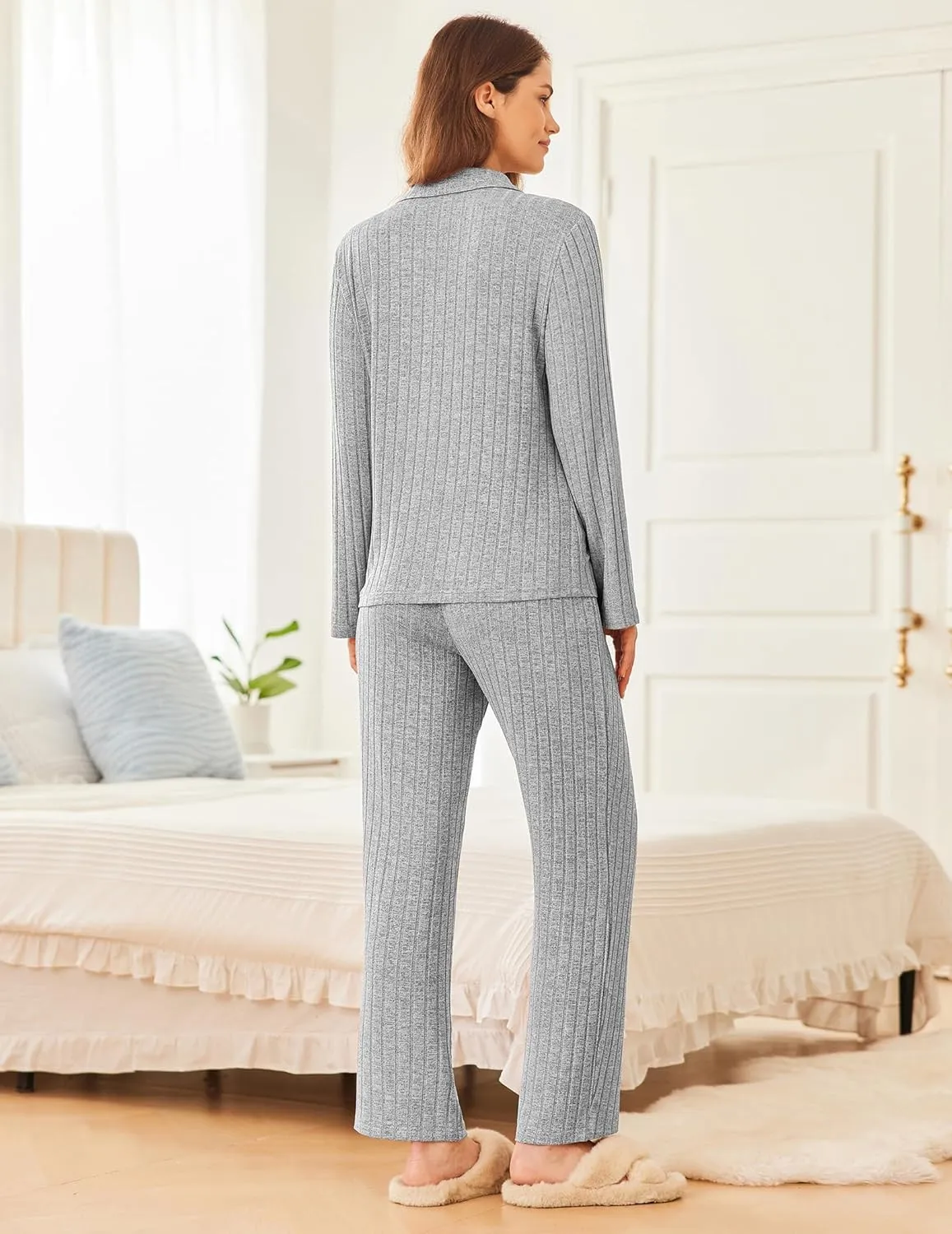 Ekouaer Womens Ribbed Knit Pajama Sets 2 Piece Lounge Set Long Sleeve Button Down Pjs Sleepwear Set with Pockets