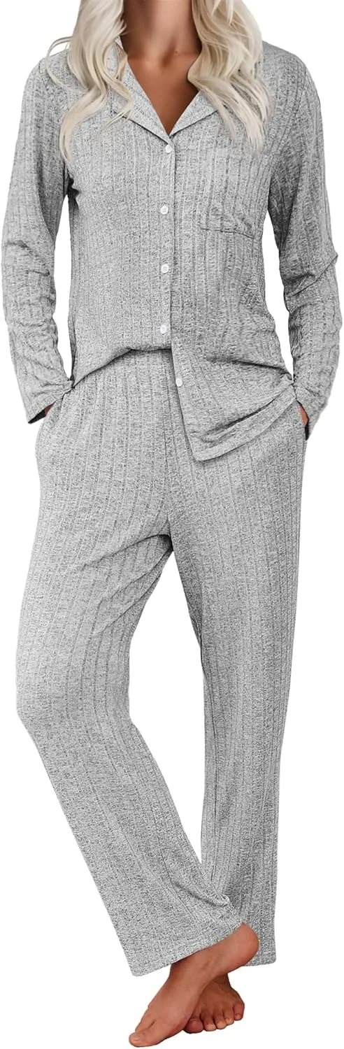 Ekouaer Womens Ribbed Knit Pajama Sets 2 Piece Lounge Set Long Sleeve Button Down Pjs Sleepwear Set with Pockets