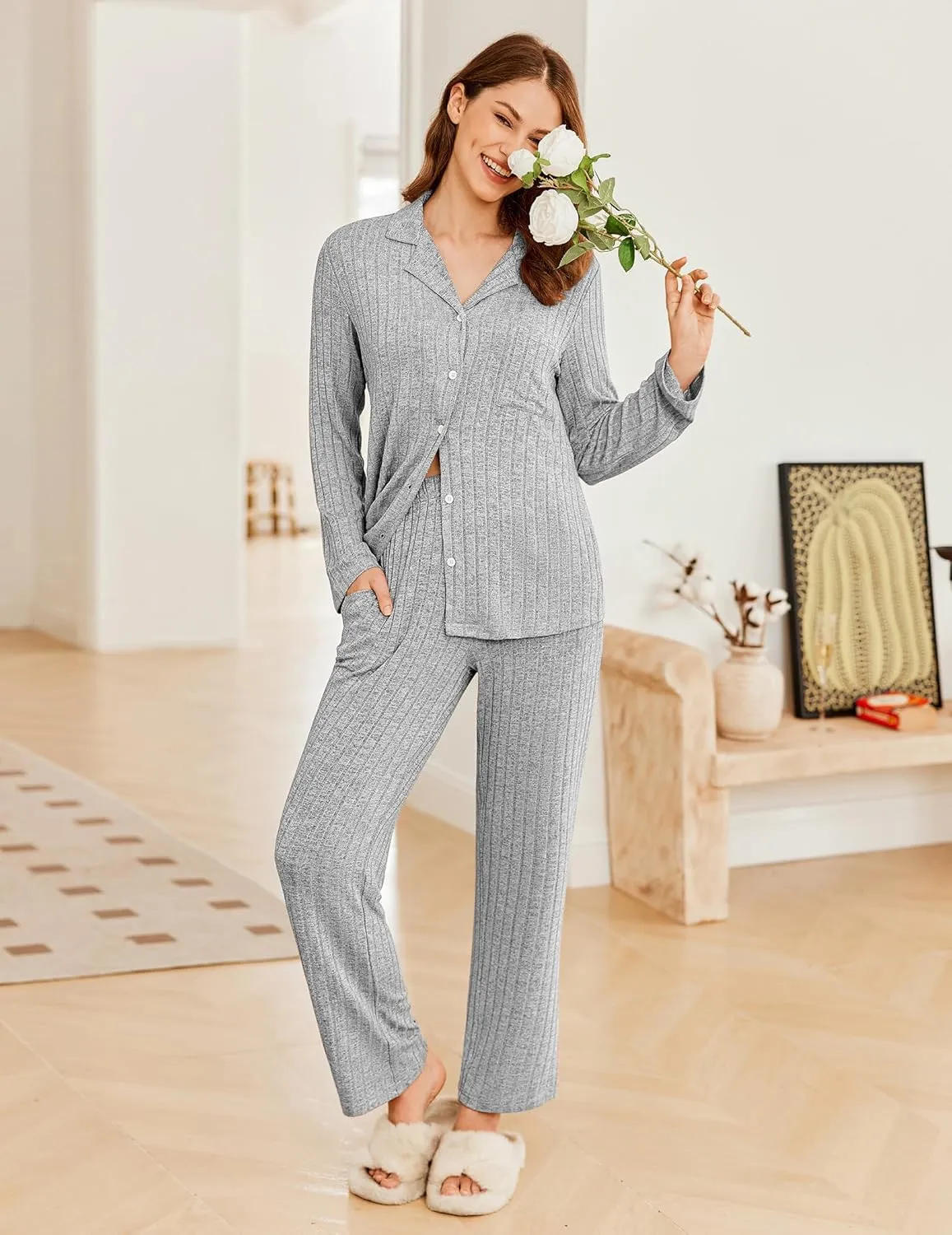 Ekouaer Womens Ribbed Knit Pajama Sets 2 Piece Lounge Set Long Sleeve Button Down Pjs Sleepwear Set with Pockets