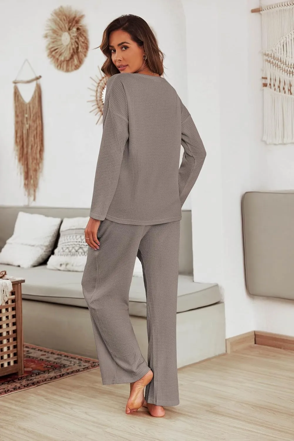 Ekouaer Women's Waffle Knit Pajama Sets Comfy Long Sleeve Lounge Sets 2 Piece Matching Pj Sets with Pockets