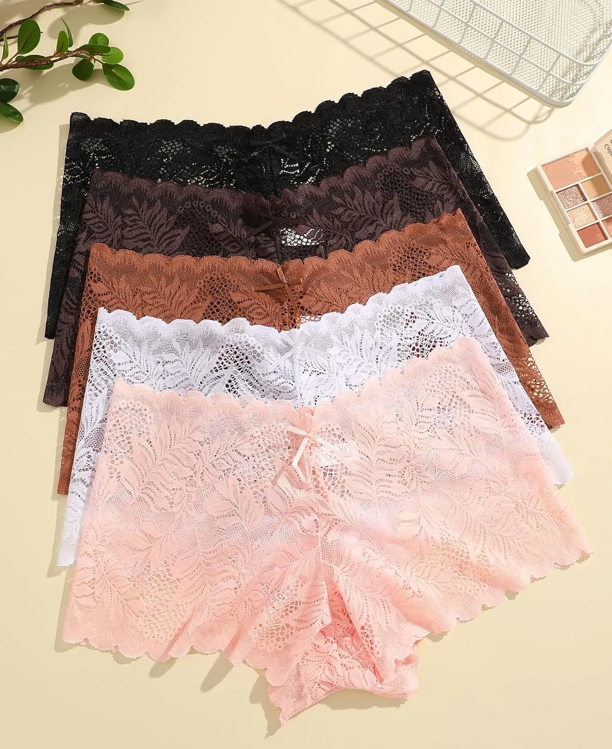 FINETOO Sexy Underwear for Women V-Waist Shorts Women' s Underwear Lightweight Soft Lace High Waist Panties 5 Pack